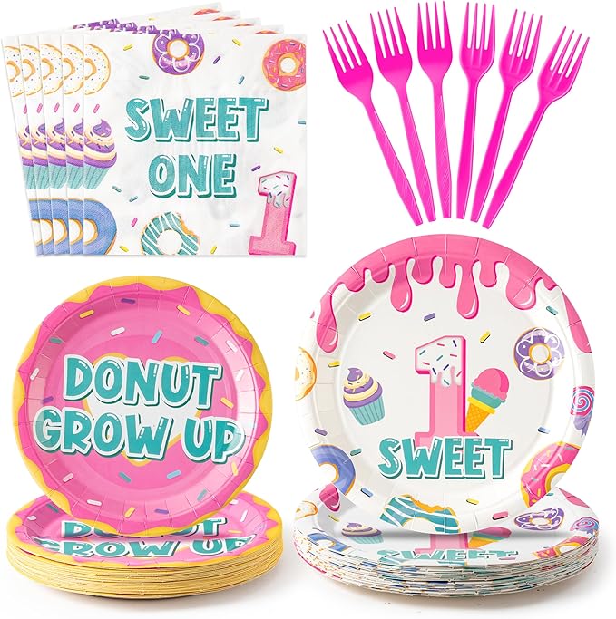 Donut Tableware Party Supplies - 96Pcs Sweet One Tableware Decorations Donut Grow Up Desserts Themed Disposable Paper Plates Napkins Forks for Kids Girl 1st Birthday Baby Shower Serve 24