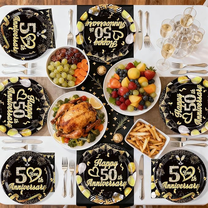 96Pcs 50th Anniversary Decorations Black Gold 50th Wedding Anniversary Plates and Napkins Tableware for 50 Year Anniversaries Decorations Serve 24