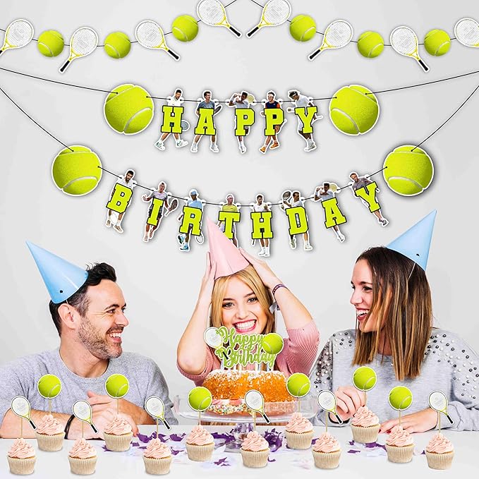 Tennis Theme Birthday Party Supplies - Decoration Set for Sports Celebration, Tennis Party Décor Kit with Banner, Cake Topper, Cupcake Toppers and Table Decorations for Home and Event Setup