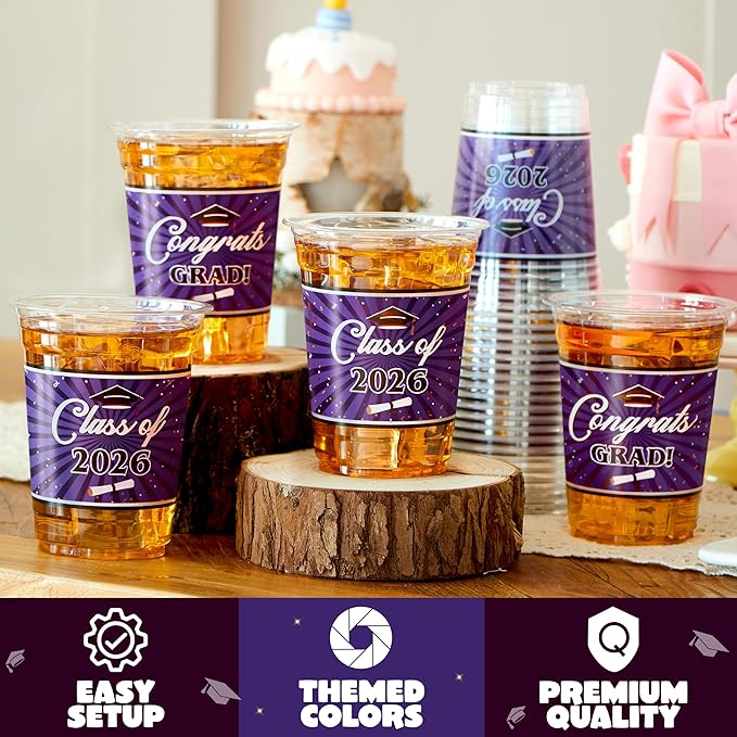 JOYIN 100 Pcs 16oz Graduation Party Plastic Cups (Purple), PET Cup Tableware Bulk for Class of 2026 Graduates, Grad Disposable Cups for 2026 High School College Graduation School Grad Party Supplies