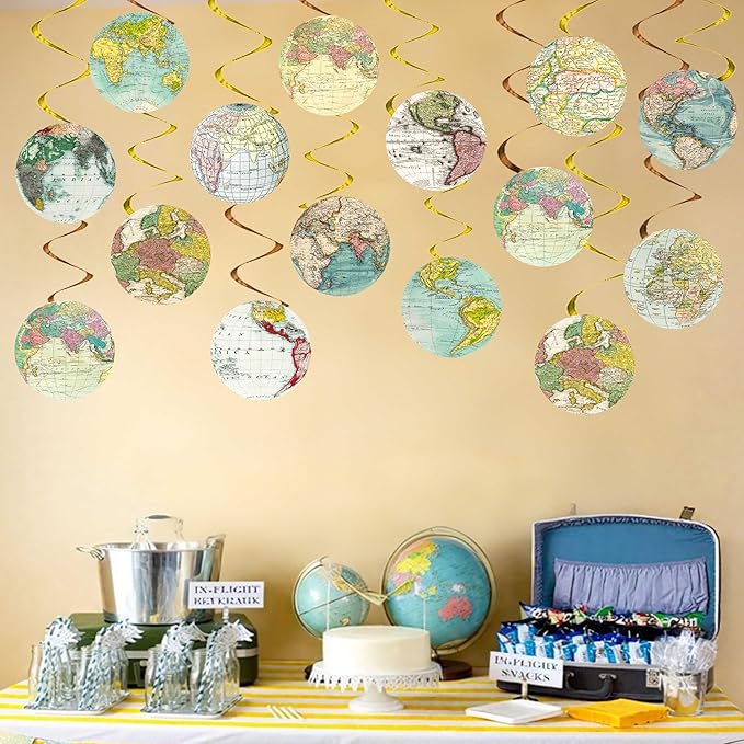 Globe Vintage World Map Hanging Swirls Travel Party Hanging Decorations Earth Globe Theme Ceiling Streamers for Travel Around The World Birthday Party Baby Shower Supplies