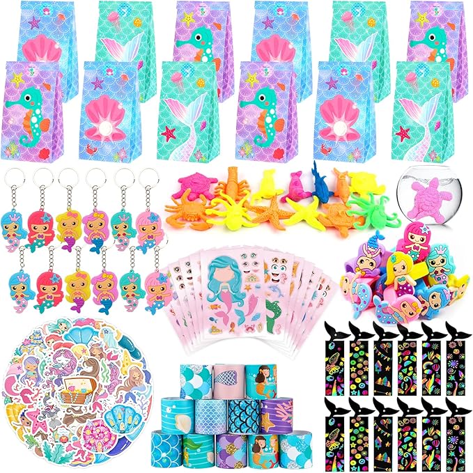 Mermaid Party Favors, 12 Pack Mermaid Birthday Party Supplies - Goodie Bags, Stickers, Scratch Art, Rings, Slap Bracelets, Keychains, Grow Animals for Party Decorations, Pinata Stuffers