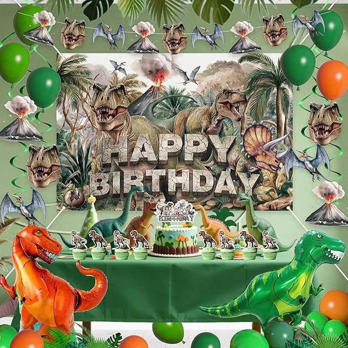 Happy Birthday Decorations For Women Men,Birthday Backdrop,Banner Balloons,Table Cloth,Paper pom poms Party Supplies for Girls Boys (Dinosaur)