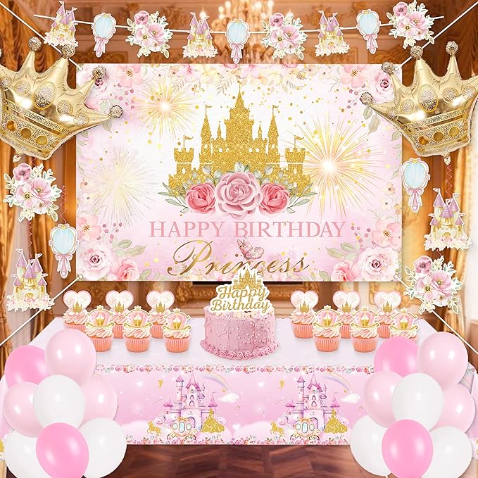 Happy Birthday Decorations For Women Men,Birthday Backdrop,Banner Balloons,Table Cloth,Paper pom poms Party Supplies for Girls Boys (Princess)