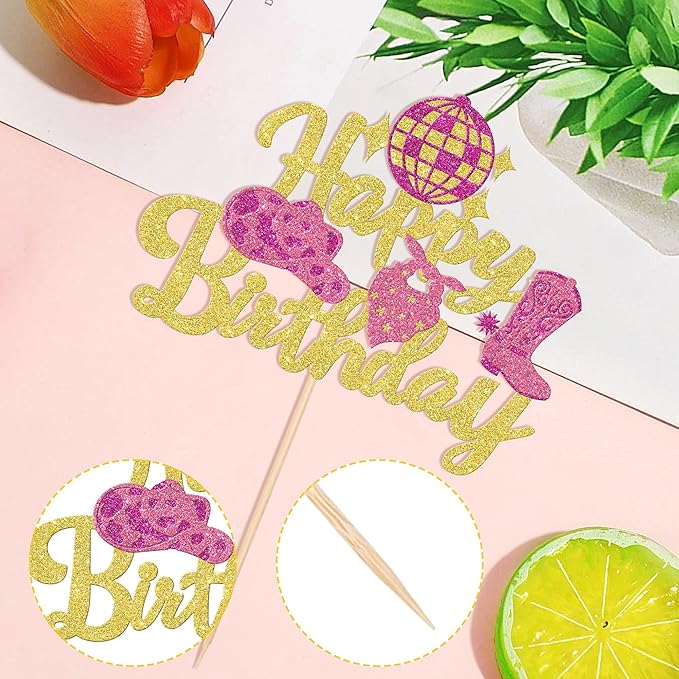 1 PCS Glitter Western Cowgirl Birthday Cake Topper - Disco Cowgirl Cake Decorations for Western Rodeo Theme Girls Birthday Party Supplies - Gold