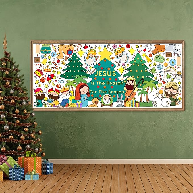 Dvbonike Jumbo Nativity Coloring Poster Giant Jesus Is The Reason For The Season Color-in Paper Poster DIY Blank Doodle Art Banner 55.1 x 23.6 in Decor, Sunday School Activity Party Supplies for Kids