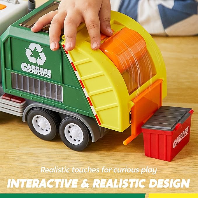 LED Garbage Truck Toy Set Includes Dumpster, Toy Truck with Mode Switch & Volume Control, Trash Vehicle with Lights and Sounds, Automatic Bump, Easter Basket Stuffers Birthday Gift for Boys Girls