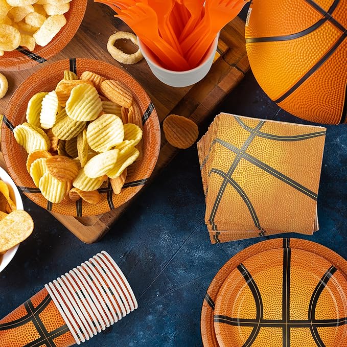 durony 144 Pieces Basketball Paper Plates and Napkins Dinnerware Kits Basketball Birthday Party Decorations Tableware Set Includes Paper Plates Napkins Forks Serve 24 for Sports Theme Party Supplies