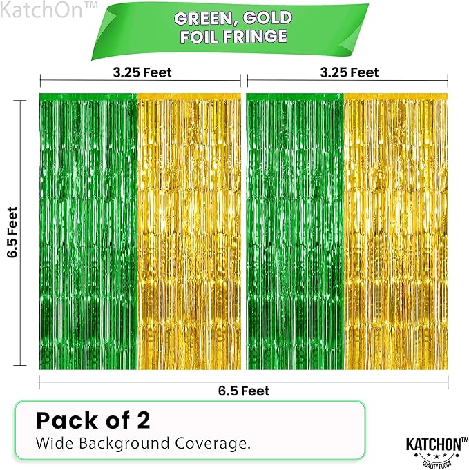 KatchOn, Green and Gold Foil Fringe Curtains - 6.5x6.5 Feet | St Patricks Day Backdrop for St Patricks Day Decorations | St Patrick's Backdrop, St. Patrick's Day Decorations