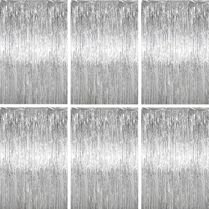3.3 x 6.6 ft Foil Fringe Backdrop Curtains, Tinsel Streamers Party Decorations, Fringe Backdrop for Birthday, Baby Shower, Gender Reveal, Graduation (6, Silver)