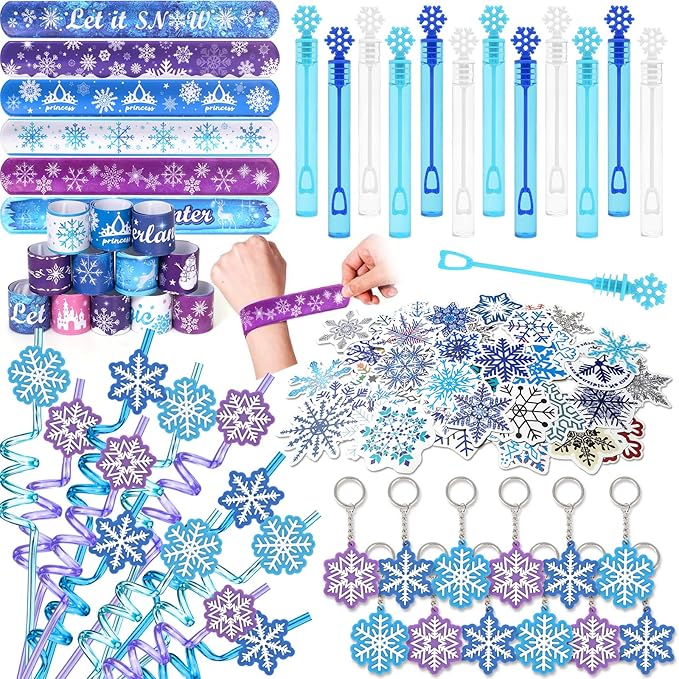 Golray 98pcs Snow Party Favors Birthday Supplies for Girls Kids Snowflake Straw Bubble Wands Sticker Toy Prize Filler Goodie Bag Stuffer Winter Girl Party Favors
