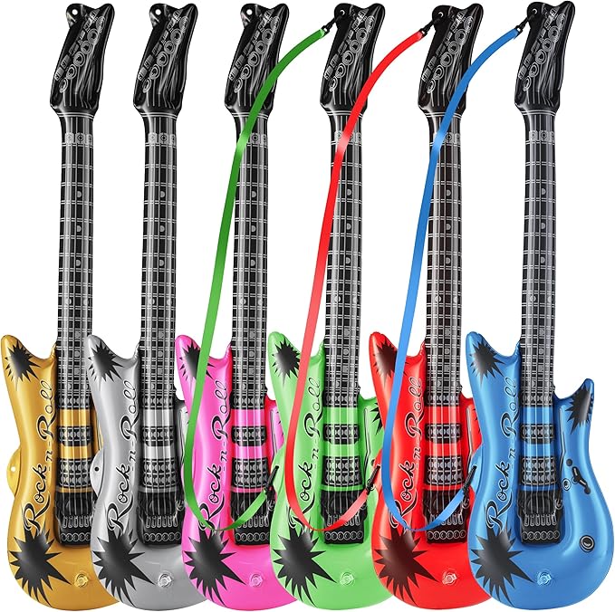 Inflatable Guitars With Strap - (pack Of 12) 36-inch Colorful Blow Up Guitar, Party Favors, DJ-props, Photo-booth, Birthdays, Rock Star, Rock And Roll Party Decorations, 80s 90s Party Supplies