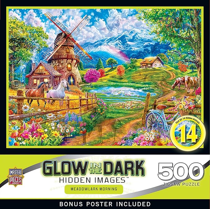 Masterpieces Meadowlark Morning Jigsaw Puzzle - 500 Pieces, Glow in The Dark, Hidden Images - Adult