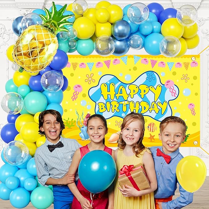 Cartoon Sponge Balloon Arch Kit-Blue Green Yellow Balloons Birthday Decorations For Boys girl,Party Decor Supplies Girls Including Happy Birthday Backdrop