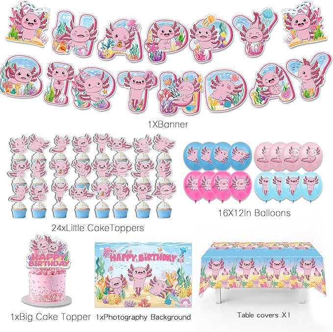 44Pcs Axolotl Birthday Party Supplies Include Happy Birthday Banner-Backdrop-Tablecloth-Balloons-Cake Topper-Cupcake Toppers for Axolotl Party Decorations