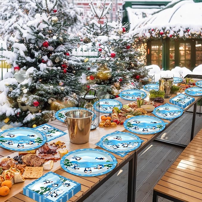 gisgfim 96PCS Penguin Plates and Napkins Party Supplies, Winter Penguin Party Decorations, Favors for Christmas, Holiday & Dinner, Serves 24 Guests