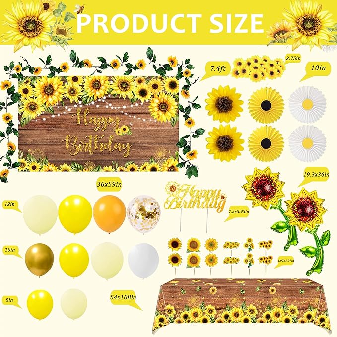 Sunflower Birthday Party Decoration Pack (including Backdrop, Tablecloth, Artificial Sunflowers and A Garland, Cake Topper, Balloon Garland Arch, Foil Balloon, Yellow Tissue Paper Flowers and Fans)…