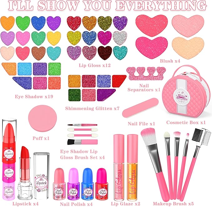 Kids Makeup Kit for Girl, 66 Pcs Washable Makeup Set for Little Girls, Cosmetic Set Pretend Play Makeup Toy Beauty Set Christmas & Birthday Gift Age 3 4 5 6 7 8 9+ Year Old Kids Toddler Toys