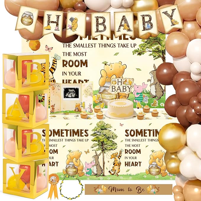 Vintage Winnie Birthday Decorations for Baby - Winnie Party Supplies for Baby Shower Decorations Include Arch Balloon Mom to Be Sash Oh Baby Banner Backdrop Tablecloth Cake Topper Box Garland