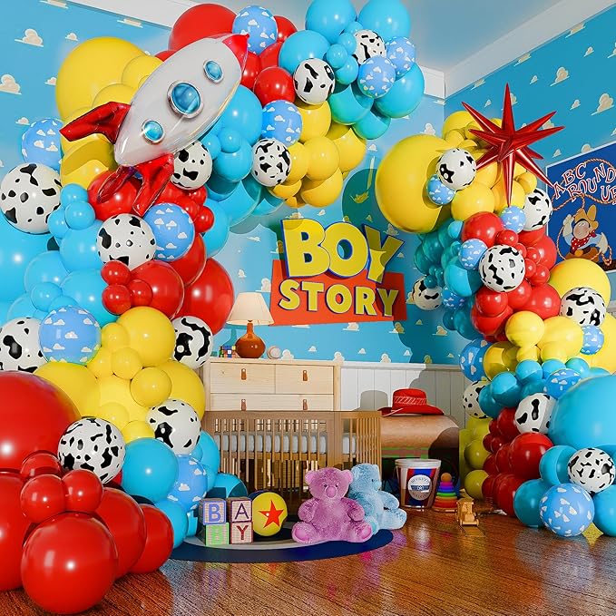 ALL-IN-1 Toy Story Balloons Arch Kit for It's A Boy Story Baby Shower Decorations – Toy Story Balloon Garland Kit with Cloud & Cow Toys Story Balloons for First Toys Story Birthday Party Supplies