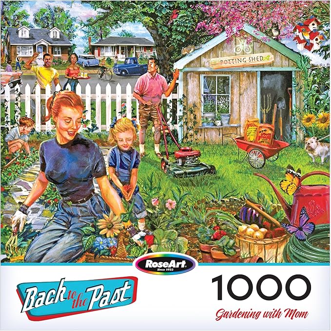 RoseArt - Back to The Past - Gardening with Mom 1000 Piece Jigsaw Puzzle - Vintage Retro Garden Scene Puzzle for Adults - Finished Size 26.625 x 19.25 Made in USA