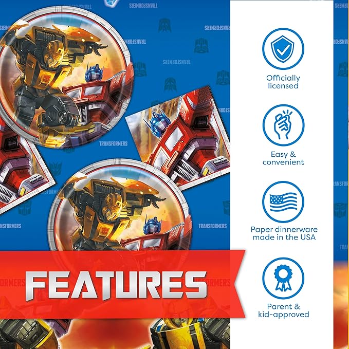 Transformers Plates and Napkins for 16 | Officially Licensed Transformers Birthday Decorations for Party