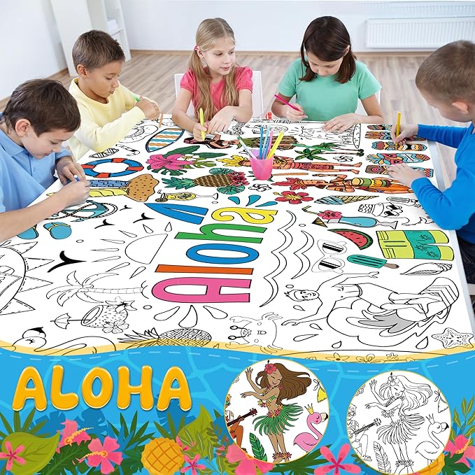 OHOME Hawaiian Giant Coloring Poster/Tablecloth - Luau Day Decorations - Jumbo Coloring Banner Crafts Gifts Activities Accessories Decor Party Decorations