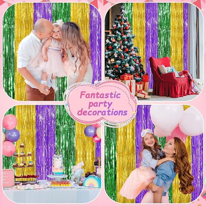 2Pack Green Gold Purple Party Backdrop Decorations,3.3x8.3ft Tinsel Curtain Birthday Decorations Foil Fringe Photo Booth Streamer Backdrop Green Theme Xmas Bachelorette Graduation Party Decorations