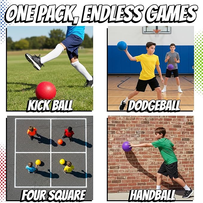 8.5 Inch Playground Balls Dodgeballs for Kids & Adults - (Pack of 6) Inflatable Rubber Indoor Outdoor Bouncy, Kickballs, Four Square and Handballs for School, Gym, Recess and More with Ball Pump