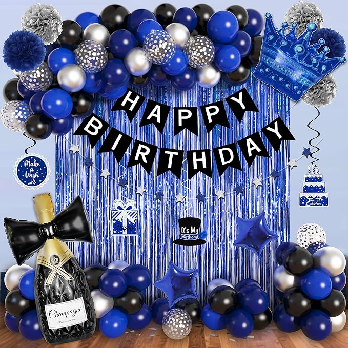 Ouddy Life 91Pcs Blue and Black Happy Birthday Decorations for Men with Happy Birthday Banner Confetti Foil Balloons Fringe Curtain Hanging Swirl for 21st, 25th, 27th 40th Birthday Party Supplies