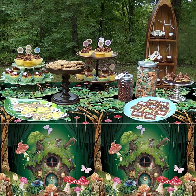 Table Cover Party Decor - 3 Packs Forest Theme Fairy House Disposable Plastic Rectangle Table Cloth Birthday Wedding Baby Shower Holiday Home Party Favors Decorations Supplies 54x108 Inch