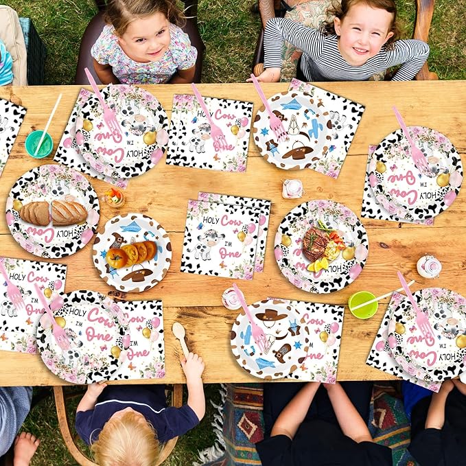 gisgfim 96Pcs Holy Cow I'm One Party Supplies Pink Cow Print Paper Plates Napkins Floral Cows First Birthday Party Tableware Set Dinnerware for Girl 1st Birthday Table Dinner Decoration Serve 24