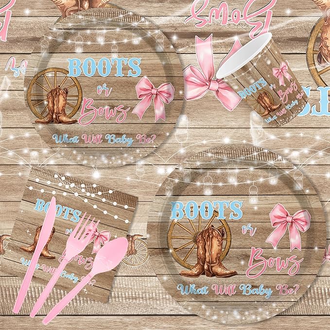MEHOFOND Boots Or Bows Gender Reveal Decorations, Pink or Blue Party Supplies Rustic Wood Disposable Tableware Set 169Pcs Plates Napkins Plastic Tablecloth for Western Cowgirl Gender Reveal