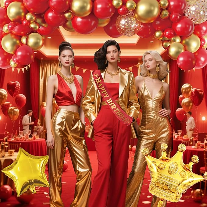 Red And Gold Birthday Decorations for Women,Fringe Curtains Happy Birthday Banner,Red balloons,Cake Toppers for girls