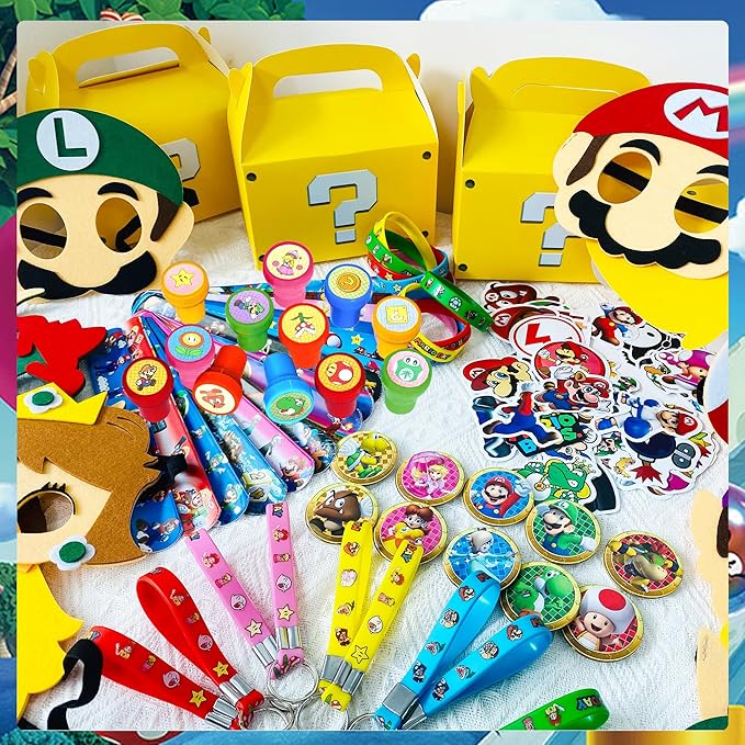 127 PCS Birthday Party Favor Supplies, Birthday Party Decorations Set Includes 50 Stickers, 15 Slap Bracelets, 10 Bracelets, 10 Button Pins, 10 Key chains, 10 Box, 10 Mask, 12 Stamp