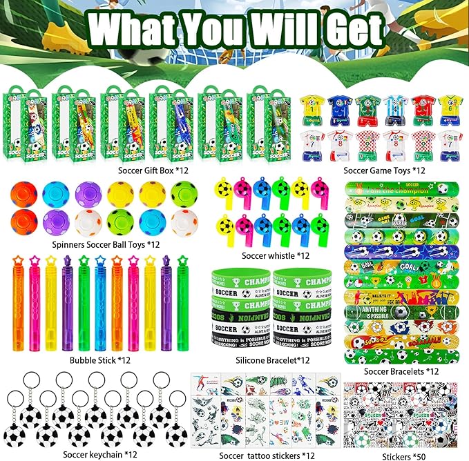 158Pcs Soccer Party Favors -12 Guests Set, Soccer Goodie Bag Stuffers with Rotatable Finger Stress Toys Whistles Bubble Wands Keychain Sticker for Kids Birthday Party Souvenirs Supplies