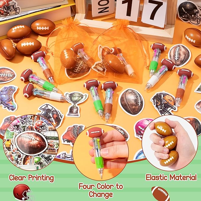 CY2SIDE 12 Pack Football Squeeze Toy Party Favor Gift Set with Ballpoint Pen Sticker and Organza Bag 2’’ Football Foam Stress Ball Bulk Classroom Prize for Kid Sport Lover Birthday Goodies Bag Stuffer