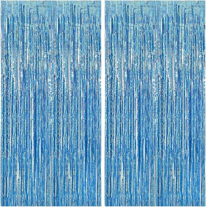 2 Pack Blue Foil Fringe Curtains, 3.3x6.6 Ft Metallic Tinsel Backdrop Party Decorations Door Blue Streamers for Birthday Wedding Engagement Decor,Photo Booth Props, Party Supplies