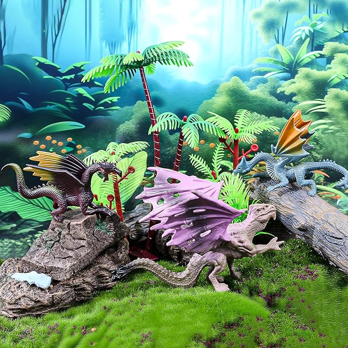 15Pcs Dragon Cake Decorations, Medieval Plastic Dragon Figures with Castle Tree Toys Playset for Kids Birthday Baby Shower Halloween Fantasy Theme Party Supplies