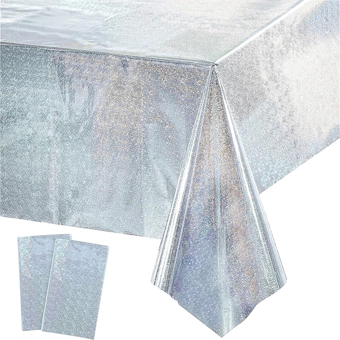 GREATRIL Party Table Cover Disposable Silver Table Cloths for Birthdays Ceremony Party Decorations Rectangle Tablecover 54'' x 108'' - 2 Packs