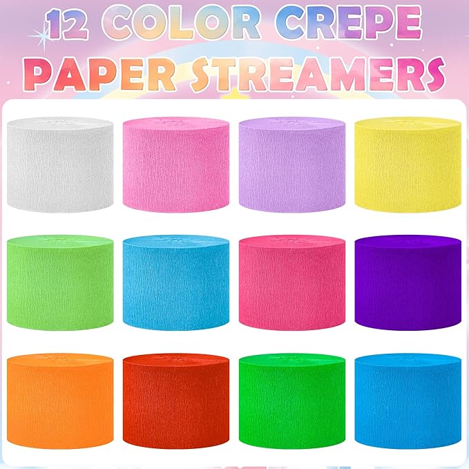 Crepe Paper Streamers 12 Rolls, 1.8" x 82' Each, Pastel Rainbow Streamers Party Supplies for Birthday Baby Shower Bachelorette Party Bridal Shower Wedding Graduation Decorations, DIY Crafts