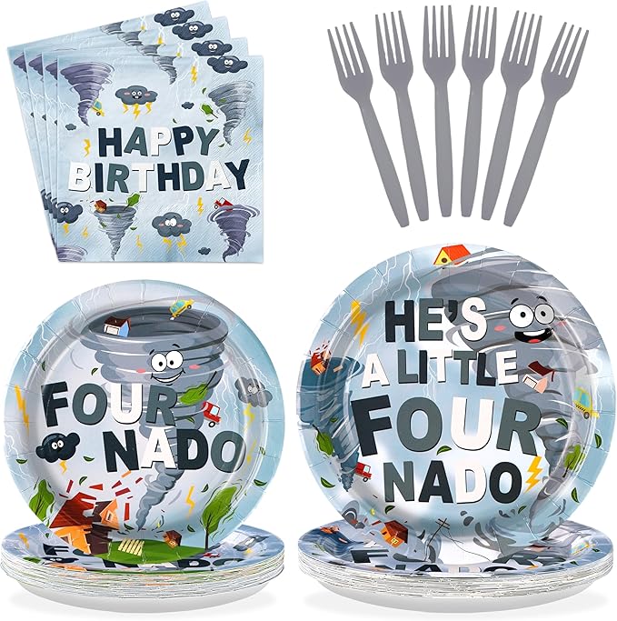 96Pcs Fournado Birthday Party Decorations 4th Birthday Boy Plates and Napkins Disposable He is a Little Four Nado Four Nado Tableware for Boys Kids 4 Year Old Party Supplies, Serves 24
