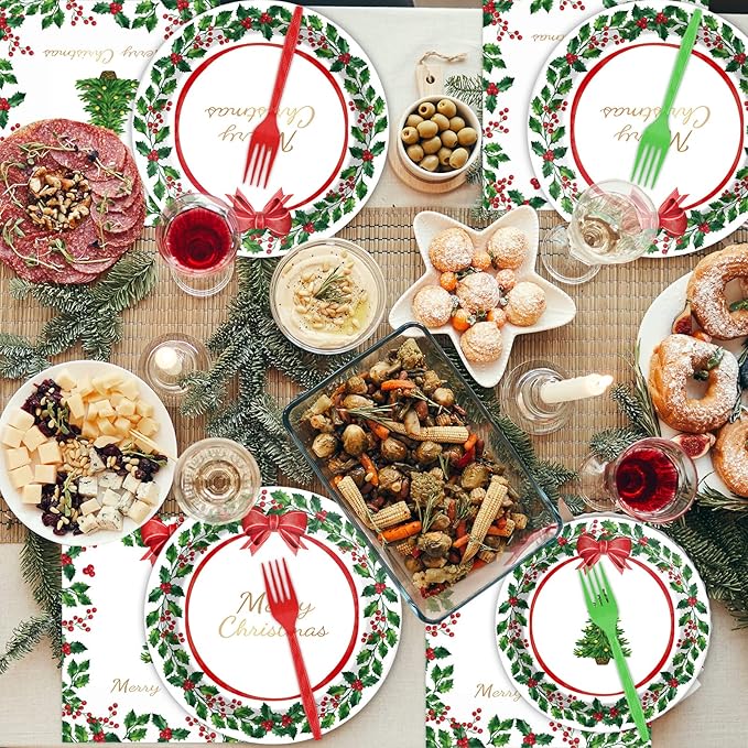 gisgfim 96 Pcs Christmas Paper Plates Napkins Party Supplies Holly Leaf Party Tableware Decorations Favors for Merry Christmas Birthday Serves 24