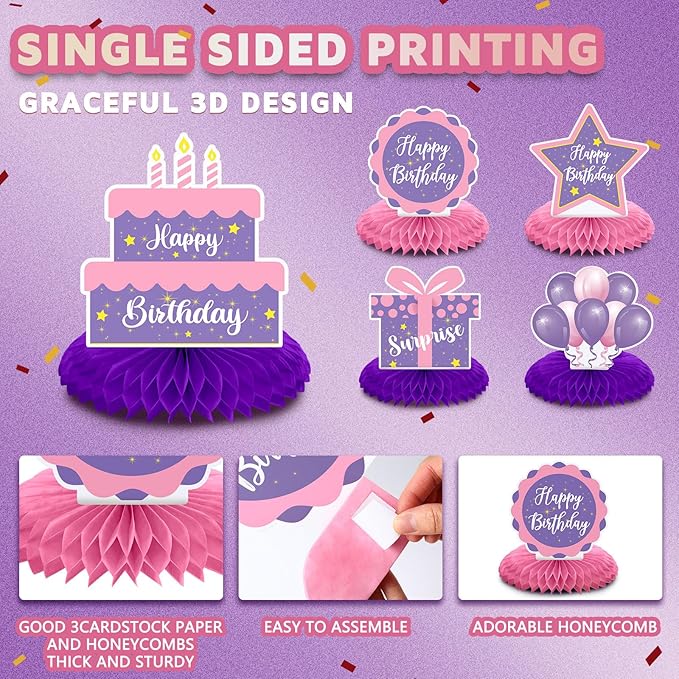 Yexiya 8 Pcs Pink and Purple Birthday Centerpiece Table Decoration, Happy Birthday Honeycomb Centerpieces Honeycomb Table Toppers for Men Women Party Supplies