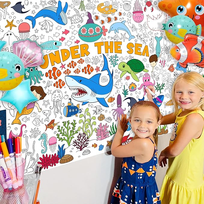 Under The Sea Coloring Tablecloth for Kids, Giant 30x72 Inch Poster with Shark, Turtle, Ocean Creatures, Perfect for Undersea Party Games, Aquatic Decorations, Classroom Fun, Event Supplies
