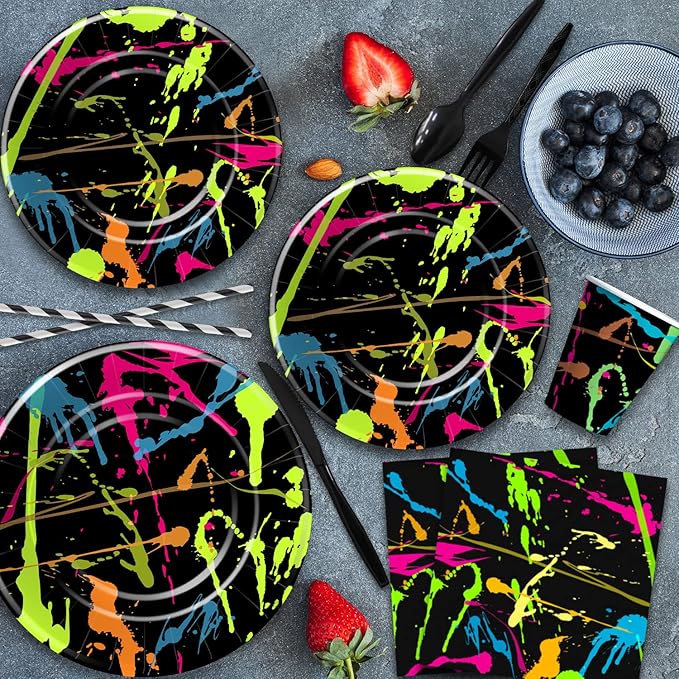 Neon Party Supplies Dinnerware, Neon Graffiti Theme Glow In The Dark Party Decorations Tableware for Birthday Baby Shower, Paper Plate, Napkin, Tablecloth, Fork | Serves 24