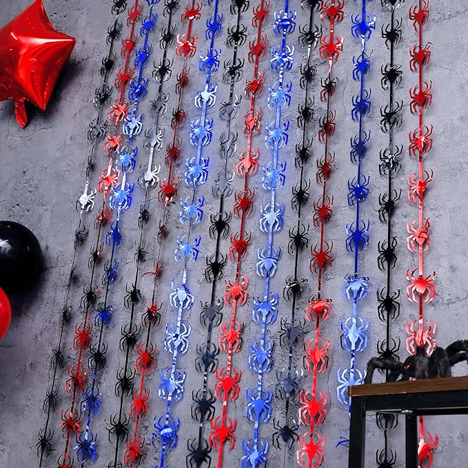 Spider Web Birthday Decorations,2 Pack Red Black and Blue Spider Birthday Party Supplies 3.3 x 6.6ft Tinsel Foil Fringe Curtains Photo Booth Props Backdrop Streamers, House Room Decor for Boys