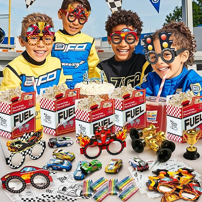 Race Car Party Favors Birthday Goodie Bags Supplies, Mini Race Car Trophy Cup Coloring Card with Crayon Gift Box Tattoo Sticker Paper Glasses, Boy Girl Kid Class Prize Racing Cars Birthday Decor