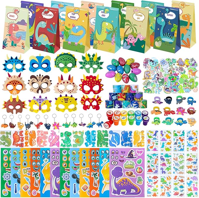 12 Pack Dinosaur Party Favors Gift Bags - Dinosaur Birthday Party Supplies for Kids with 12 Masks, 12 Dinosaur Eggs, 12 Keychains, 12 Snap Bracelets, Dinosaur Stickers for Kids Party