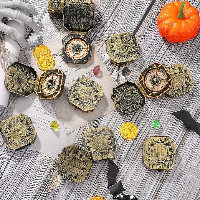 12 Pieces Pirate Party Favor Supplies, Plastic Compass for Kids Antique Captain Toy, Mini Compass Theme Party Decoration for Halloween Birthday, Cosplay Costume (Bronze)